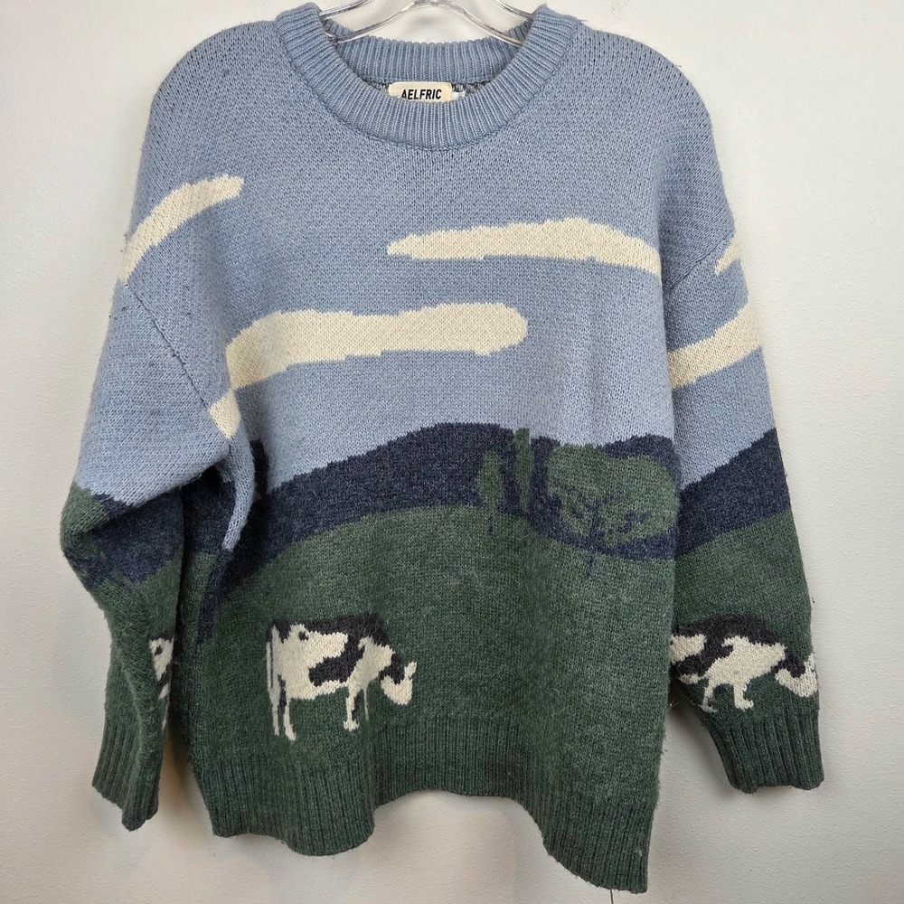 Aelfric Eden Cow Landscape Knit Sweater Blue Green Oversized Crewneck Small